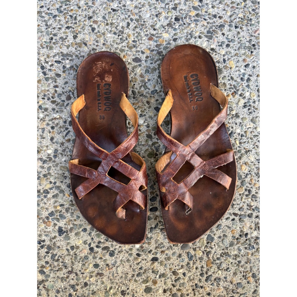 Cydwoq Brown Leather Strappy Toe Loop Sandals Handmade USA Women's 38 Flat - Picture 7 of 10